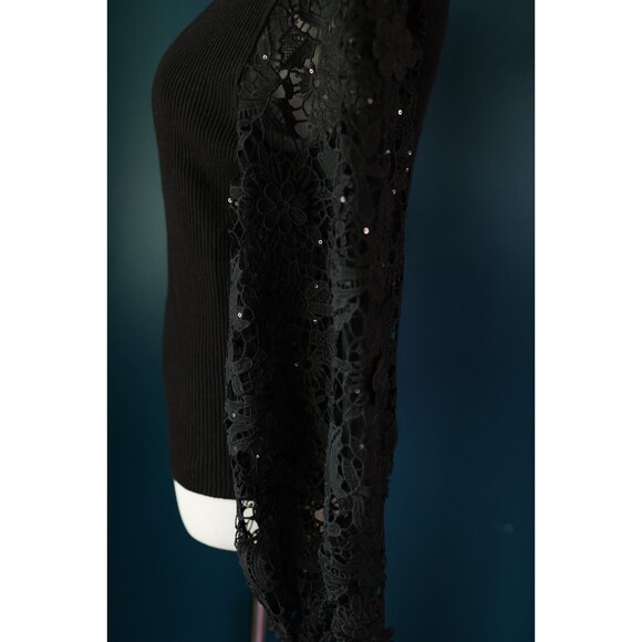 NWT French Connection Black Loa Joss Sequin Balloon Lace Sleeve V Neck Sweater - Picture 9 of 11